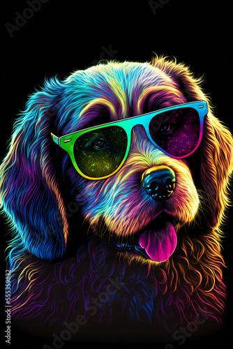colorful Synthwave style dog with sunglasses  dark black background  digital illustration ai art style