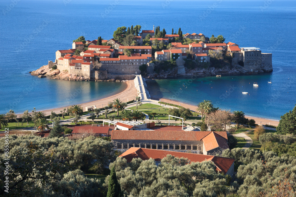 Island of Sveti Stefan in Montenegro view from the shore.