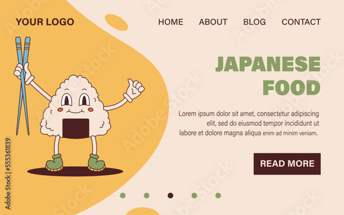 Vector onigiri mascot in retro style. Groovy landing page web template. Website design. onigiri character holding chopsticks 70s.