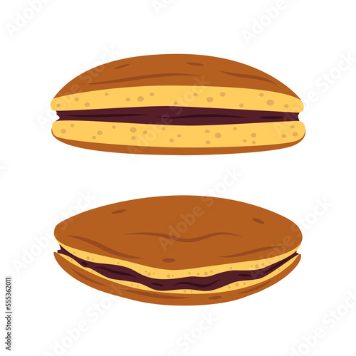 Vector japanese whole and half dorayaki pancakes with brown azuki bean paste. Japanese traditional dessert. Asian food.