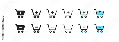 Shopping carts with website buttons set icon. Plus, minus, add, remove, new order, delete, online store, buy, purchase. Sale concept. Vector black line icon on white background