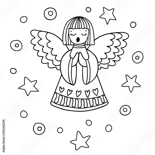 Christmas Angel sings canons. Merry Christmas card. Hand drawn illustration. Vector