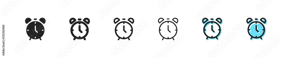 Clocks set icon. Punctuality, signboard, schedule, hourglass, alarm clock, timer, stopwatch, 24, planning, appointment. Time management concept. Six vector line icon in different styles