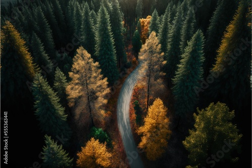 Pine forest from above  fall season  forest road. Generative AI