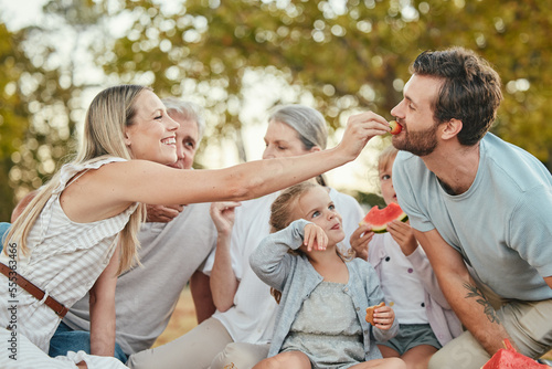 Family picnic, eating and fun in a park in summer with mother, father and children outdoor. Grandparent, sunshine and fruit with mom, dad and girl kids happy about big family love and care together © Delcio F/peopleimages.com