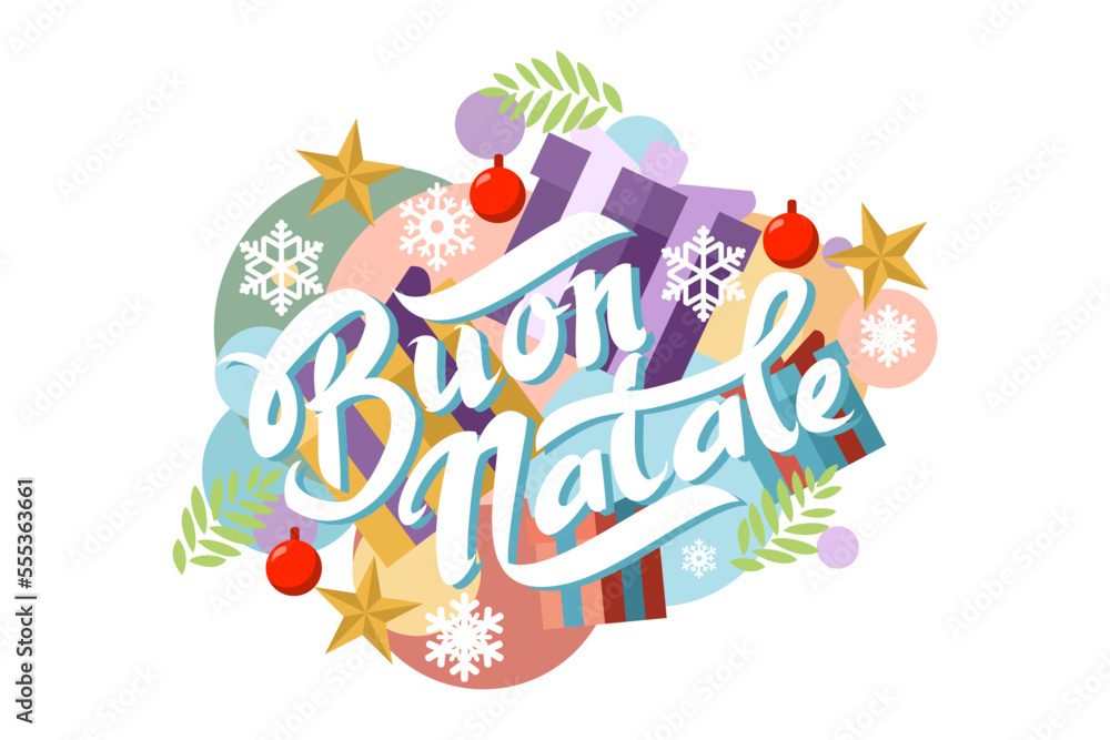 Translation: Merry Christmas. Buon Natale vector text Calligraphic Lettering design card template. Suitable for greeting card, poster and banner.