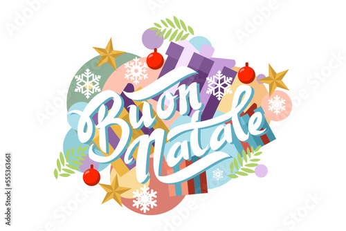 Translation: Merry Christmas. Buon Natale vector text Calligraphic Lettering design card template. Suitable for greeting card, poster and banner.
