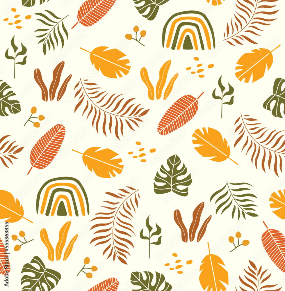 Bright botanical tropical pattern. Vector seamless background with exotic plants. Summer pattern. Lots of tropical foliage. fabric, paper, wallpaper	
