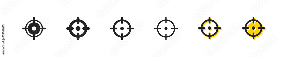 Sight set icon. Aim, cursor, target audience, data analysis, targeting, goal, targetologist, achieve, achievement, planning. Business concept. Six vector line icon in different styles Sight set icon. Aim, cursor, target audience, data analysis, targeting, goal, targetologist, achieve, achievement, planning. Business concept. Six vector line icon in different styles