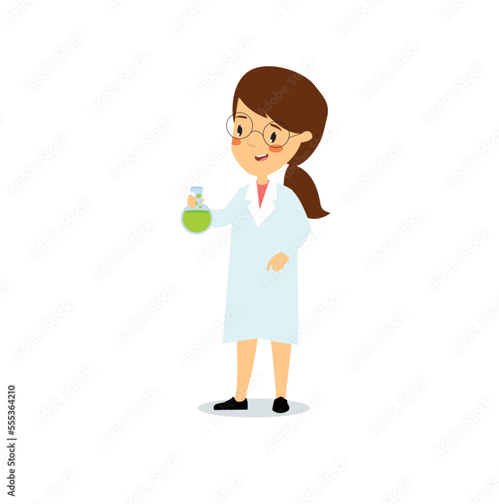 Girl chemist conducts an experiment. Vector cartoon girl. Laboratory worker. Chemist. Scientist. Akdemik. Girl chemist conducts an experiment. Vector cartoon girl. Laboratory worker. Chemist. Scientist. Akdemik.