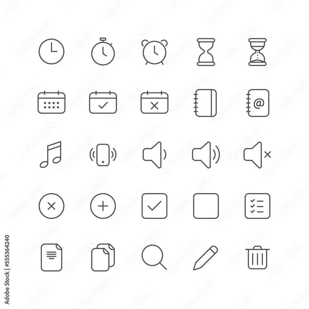 Outline icon collection for ui. Vector thin line illustration set. Task management, schedule, media player and document symbol isolated on white background. Design element Outline icon collection for ui. Vector thin line illustration set. Task management, schedule, media player and document symbol isolated on white background. Design element