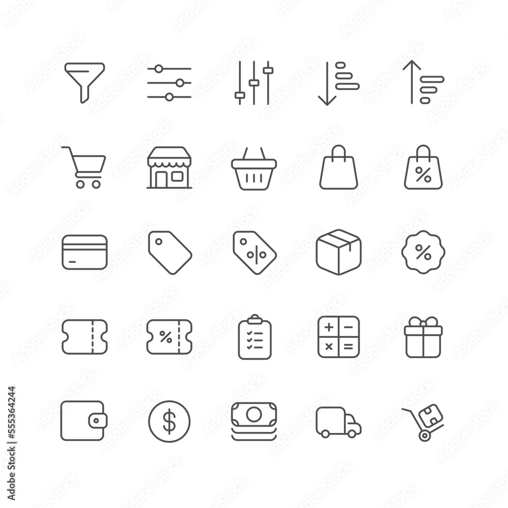 Outline icon collection for ui. Vector thin line illustration set. Online shopping, ecommerce, marketing, gift and discount symbol isolated on white background. Design element Outline icon collection for ui. Vector thin line illustration set. Online shopping, ecommerce, marketing, gift and discount symbol isolated on white background. Design element
