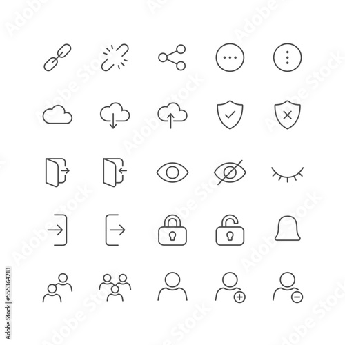 Outline icon collection for ui. Vector thin line illustration set. Internet security, people group and cloud service symbol isolated on white background. Design element