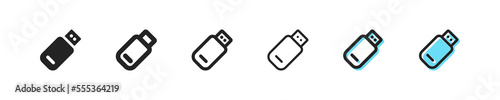 Flash drive set icon. Document management, access, lock, folder, backup file, calculator, accounting, database, gear, phone. Six vector line icon in different styles