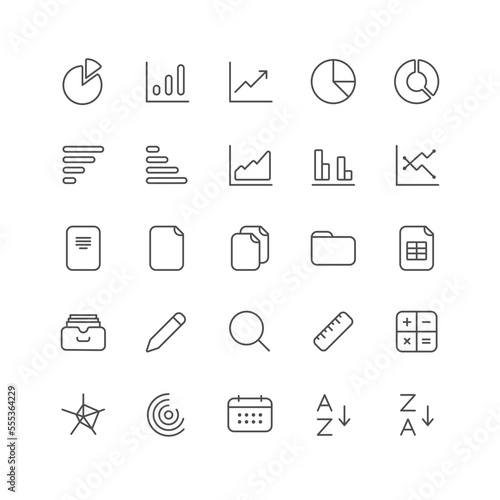 Outline icon collection for ui. Vector thin line illustration set. Finance chart, analitics and document paper symbol isolated on white background. Design element