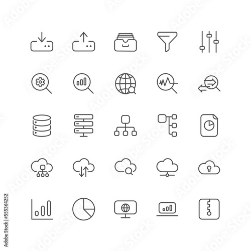 Outline icon collection for ui. Vector thin line illustration set. Network data, cloud service and security, data analytics symbol isolated on white background. Design element