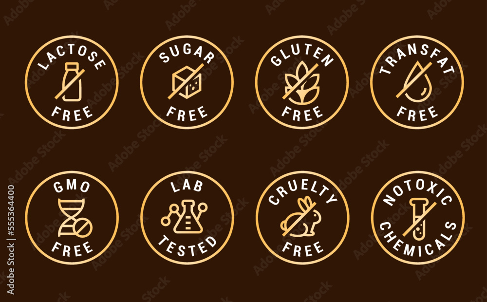 Obraz premium Lactose free, Sugar free, Gluten free, GMO and Allergen free icons set vector illustration for labels, seals, badges, food packaging and promotional designs.
