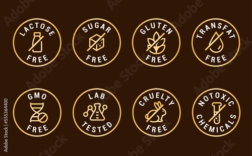 Lactose free, Sugar free, Gluten free, GMO and Allergen free icons set vector illustration for labels, seals, badges, food packaging and promotional designs.