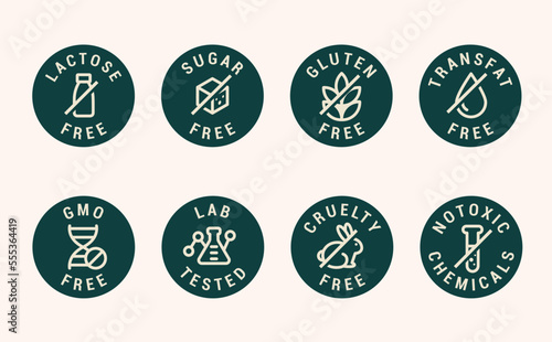 Lactose free, Sugar free, Gluten free, GMO and Allergen free icons set vector illustration for labels, seals, badges, food packaging and promotional designs. photo