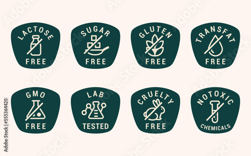 Lactose free, Sugar free, Gluten free, GMO and Allergen free icons set vector illustrations for labels, seals, badges, food packaging and promotional designs.