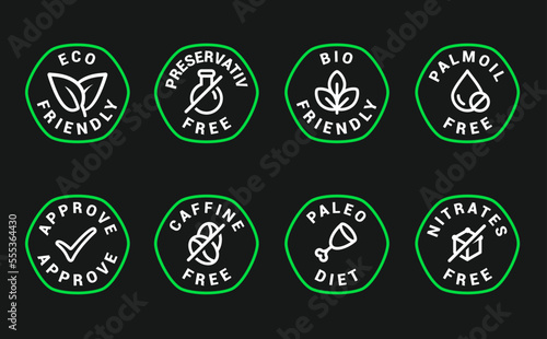 Lactose free, Sugar free, Gluten free, GMO and Allergen free icons set vector illustration for labels, seals, badges, food packaging and promotional designs.