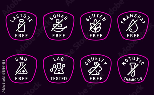 Lactose free, Sugar free, Gluten free, GMO and Allergen free icons set vector illustration for labels, seals, badges, food packaging and promotional designs.
