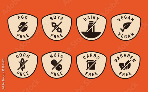 Egg, Soya, Dairy, Vegan , Corn, nuts, GMO and Allergen free icons vector illustration for labels, seals, badges, food packaging and promotional material.