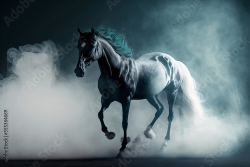 black horse gallops, smoke, black, dark, mysterious, stallion, move, majestic, black background, generative ai