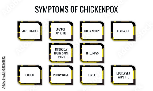 symptoms of Chickenpox. Vector illustration for medical journal or brochure.