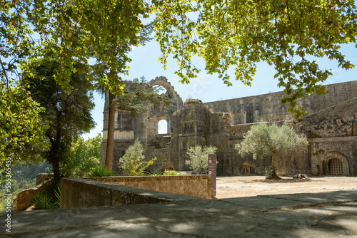 Convent of Christ or Convento de Cristo, ornately sculpted, Manueline style, hilltop Roman Catholic convent in Tomar, Portugal. Templar stronghold complex is a historic and cultural monument