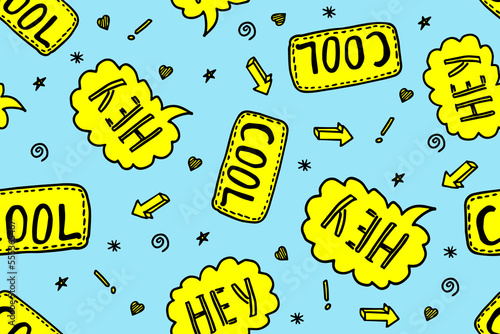 Hey cool text message seamless pattern. Cute speech bubble wallpaper. Yellow and blue colored background. Vector wallpaper.