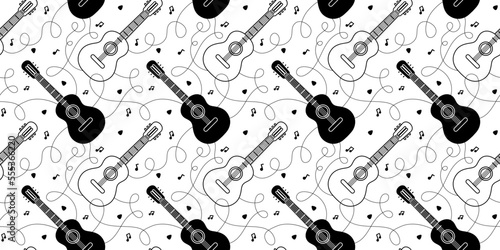 Vector music illustration with classic guitar on white color background. Flat line art design of seamless pattern with classic guitar and wire