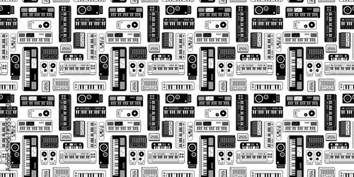 Vector music illustration with synthesizer, speaker and mixer on white color background. Flat line art design of seamless pattern with electric synthesizer photo