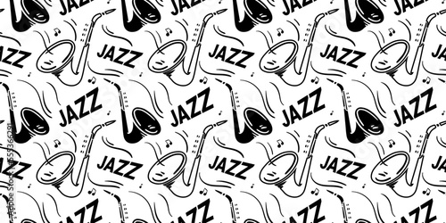 Vector jazz music illustration with saxophone on white color background. Flat line art design of seamless pattern with saxophone and word
