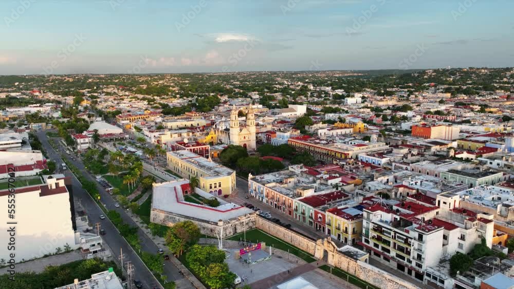 Aerial view of San Francisco de Campeche Cathedral at sunset. Campeche, Mexico. Aerial view of San Francisco de Campeche Cathedral at sunset. Campeche, Mexico.