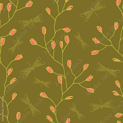 Vector olive Elegant Twigs seamless pattern background.