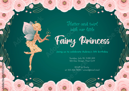 Birthday party invitation template. Gold silhouette of a cute little fairy on a beautiful floral background. Vector illustration 10 EPS.
