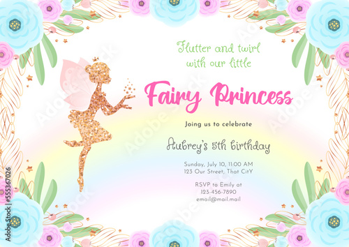 Fairy birthday party invitation template. Gold sparkling silhouette of a cute little pixie on a beautiful floral background with a rainbow. Vector illustration 10 EPS.