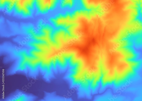 Fototapeta Naklejka Na Ścianę i Meble -  Concept de fond - Erosion - Vue aérienne de paysage vallonné territoire montagneux - Rendu  modèle numérique de terrain avec colorisation hypsométrique