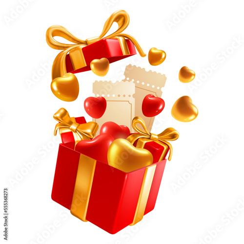 Advertising design element for Valentine's Day sale. Hearts, coupons  and small gifts flying out of big red gift box with golden bow. Vector realistic cartoon 3d illustration