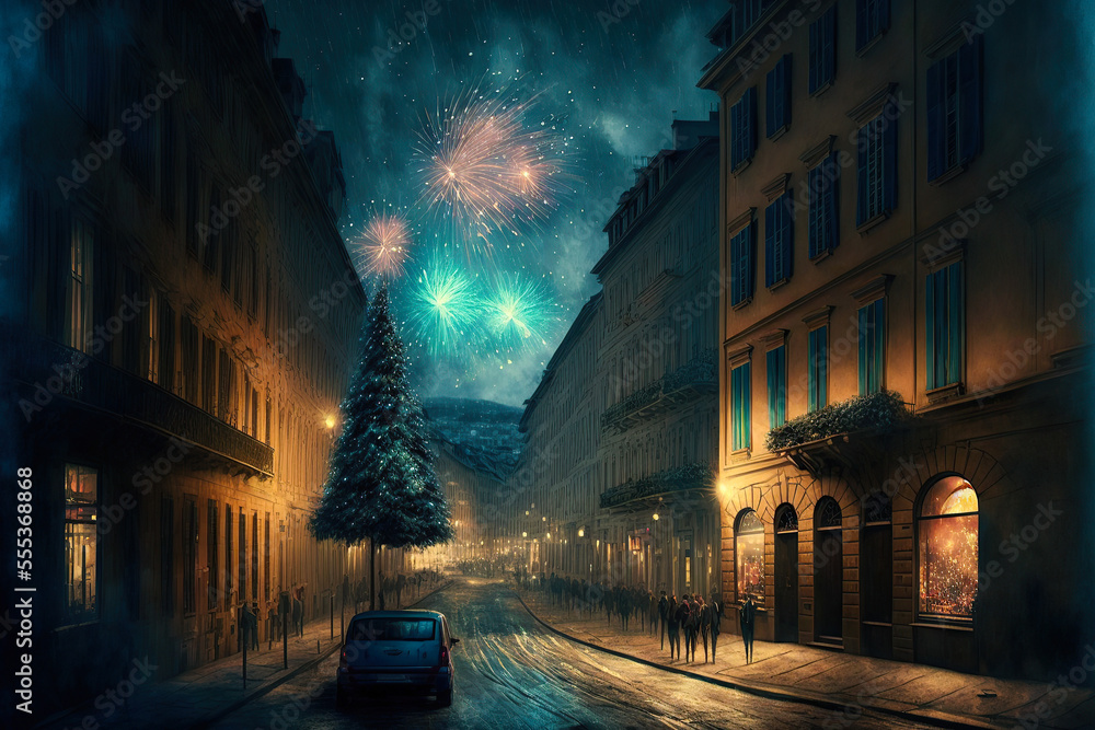 New Year's Eve with colorful fireworks on the city streets