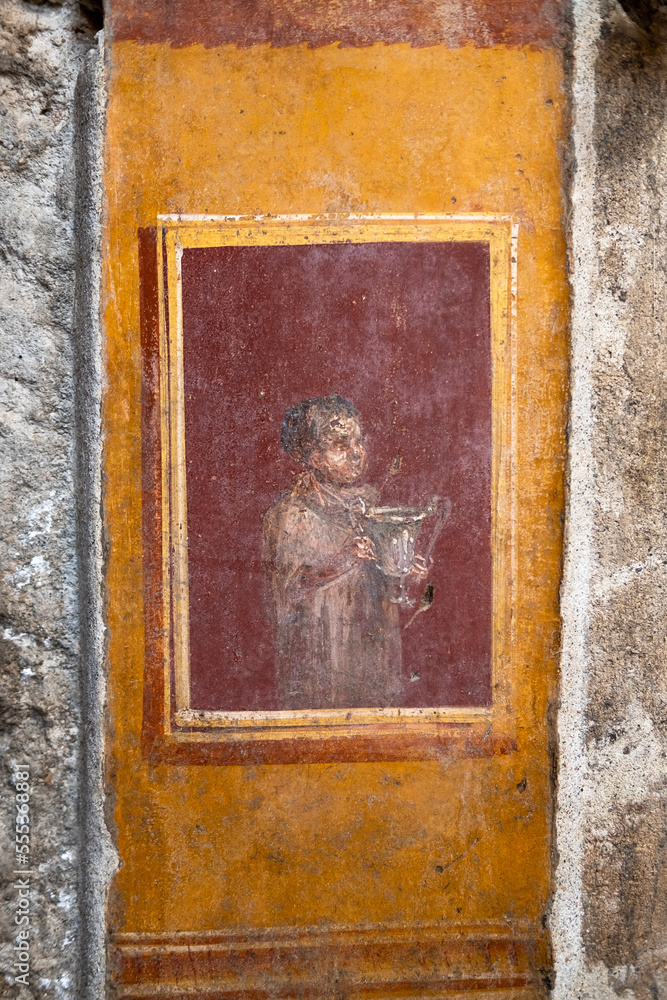 ancient frescoed plaster of a house in Pompeii. Pompeii destroyed by the eruption of Vesuvius in 79 BC