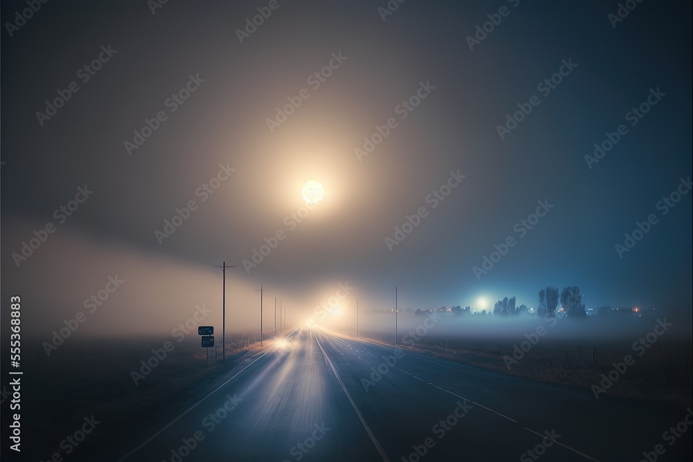view of the empty highway through the fields in a fog at night. Moonlight, clear sky. Sunrise. Europe. Transportation, logistics, travel, road trip, freedom, driving. Rural scene. Generative AI view of the empty highway through the fields in a fog at night. Moonlight, clear sky. Sunrise. Europe. Transportation, logistics, travel, road trip, freedom, driving. Rural scene. Generative AI
