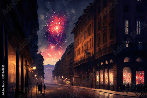 New Year's Eve with colorful fireworks on the city streets