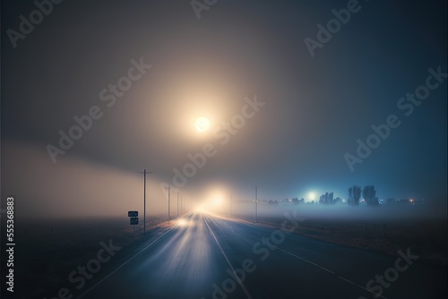 view of the empty highway through the fields in a fog at night. Moonlight, clear sky. Sunrise. Europe. Transportation, logistics, travel, road trip, freedom, driving. Rural scene. Generative AI