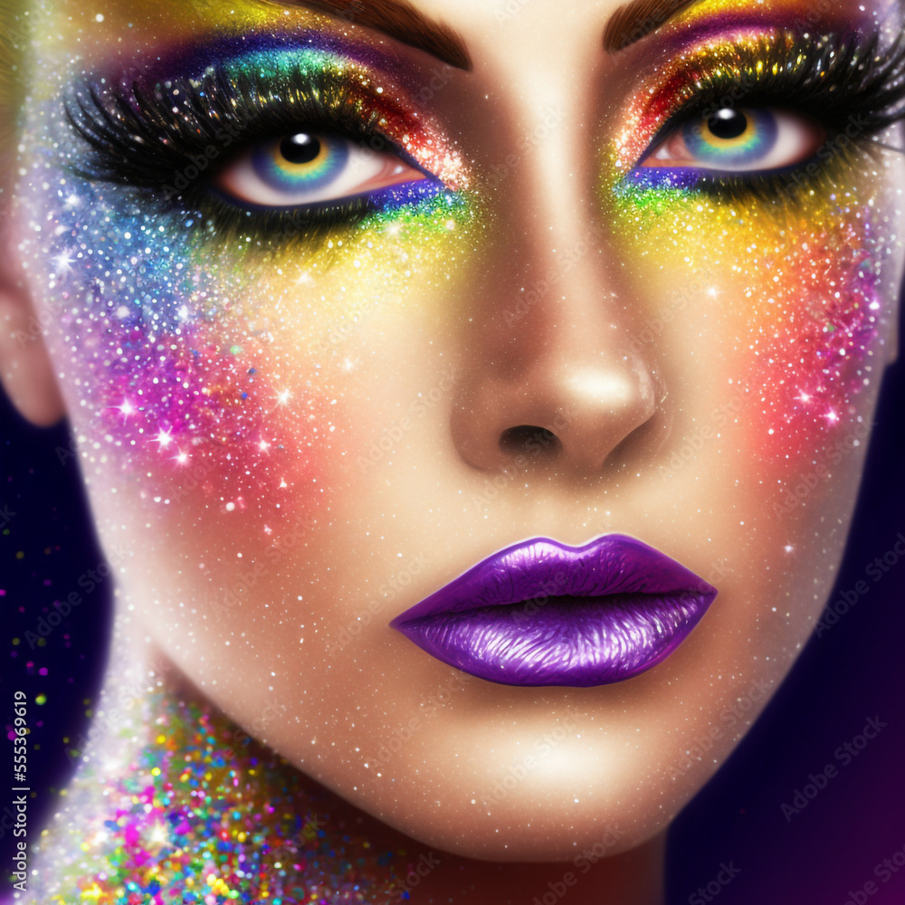 Rainbow Glitter Makeup, 3D Illustration, Pride Colors Cosmetic, Fictional Character, Generative AI