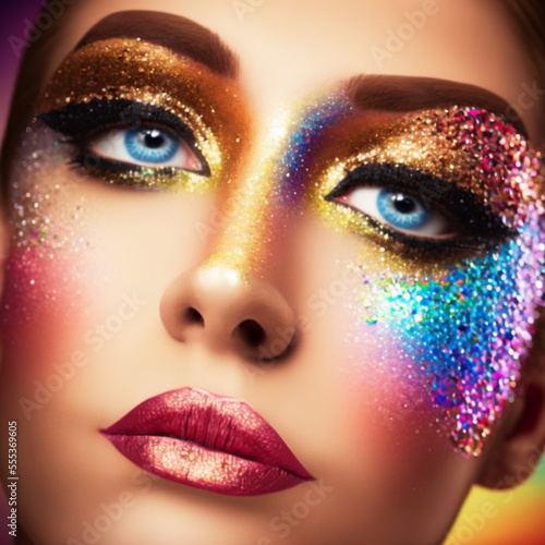 Rainbow Glitter Makeup, 3D Illustration, Pride Colors Cosmetic, Fictional Character, Generative AI