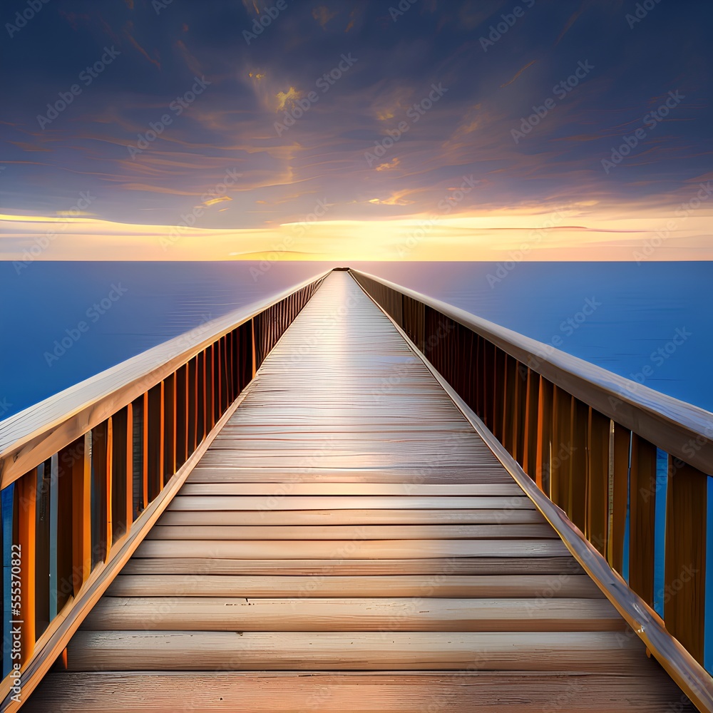 Generative AI,empty wooden pier on sea against sky during sunset
