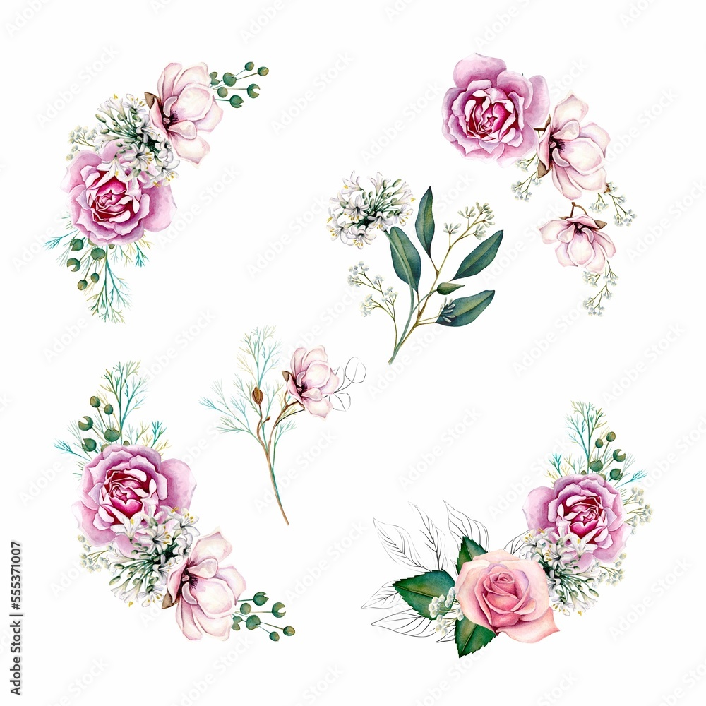 Watercolor floral wreath, frame,with green leaves, pink flowers. For wedding invitations, wallpapers, fashion. Rose, magnolia, green leaves, agapanthus. Illustrations on a white background