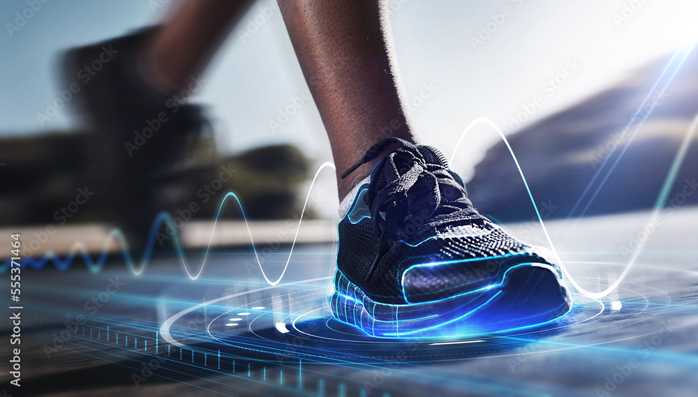 Hologram, shoes and sports for fitness, run and speed for health tracking outdoor. Future, sneakers and graphics for workout, exercise and balance for routine, training for marathon and wellness. - obrazy, fototapety, plakaty 